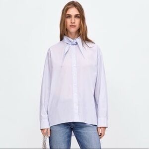 [Zara] Blue Oversized Striped poplin Button Down Shirt